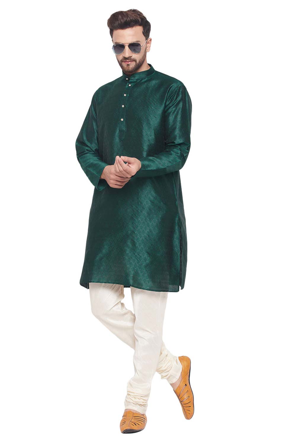 Buy Men's Green And Cream Silk Blend Ethnic Motif Woven Design Kurta Pajama Jacket Set Online - Zoom Out