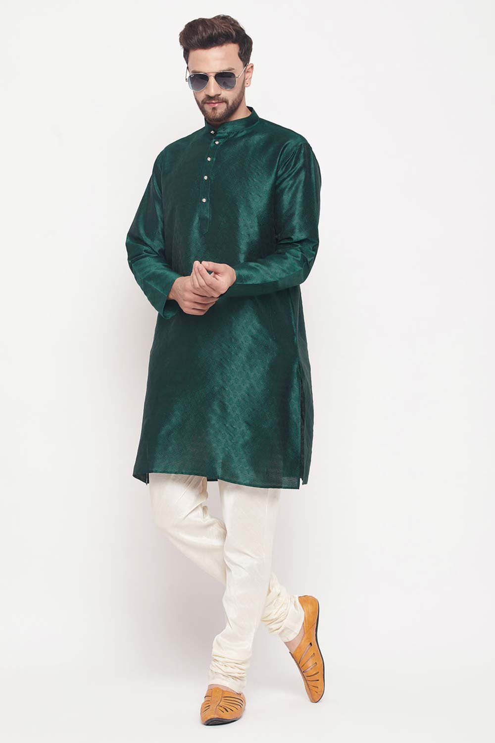 Buy Men's Green And Cream Silk Blend Ethnic Motif Woven Design Kurta Pajama Jacket Set Online