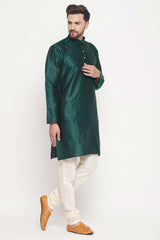 Buy Men's Green And Cream Silk Blend Ethnic Motif Woven Design Kurta Pajama Jacket Set Online - Back