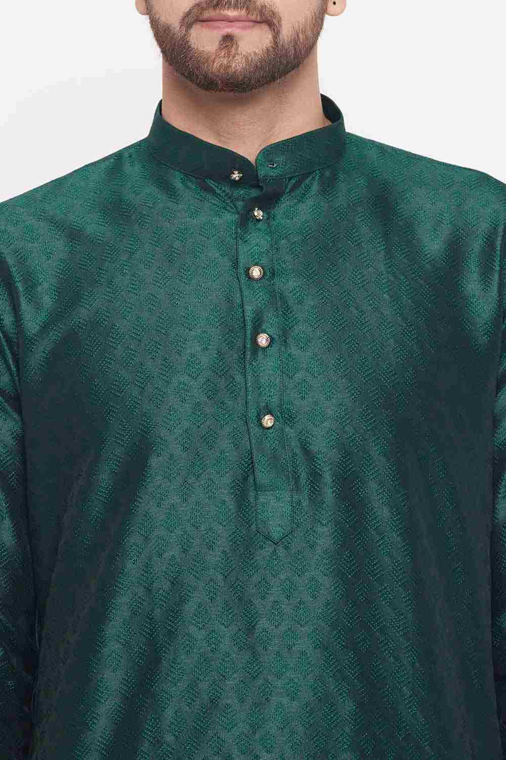 Buy Men's Green And Cream Silk Blend Ethnic Motif Woven Design Kurta Pajama Jacket Set Online - Side