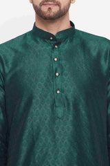 Buy Men's Green And Cream Silk Blend Ethnic Motif Woven Design Kurta Pajama Jacket Set Online - Side