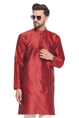 Buy Men's Maroon Silk Blend Ethnic Motif Woven Design Short Kurta Online - Zoom Out