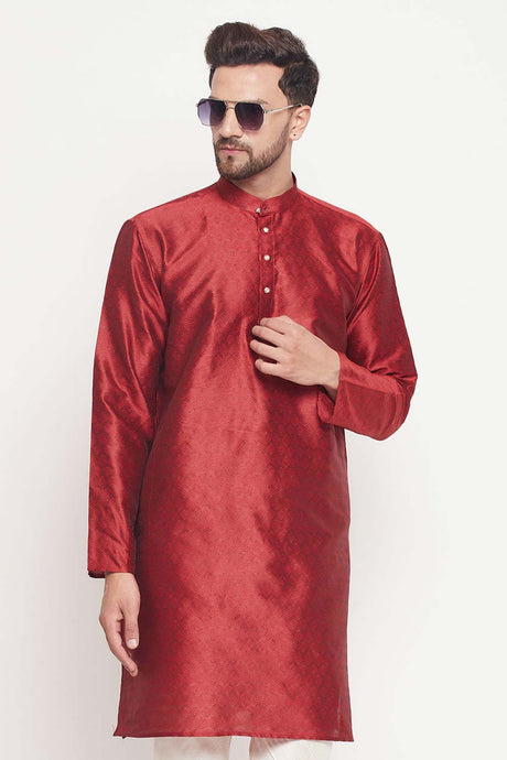 Buy Men's Maroon Silk Blend Ethnic Motif Woven Design Short Kurta Online