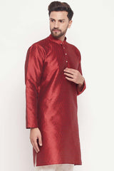 Buy Men's Maroon Silk Blend Ethnic Motif Woven Design Short Kurta Online - Back