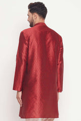 Buy Men's Maroon Silk Blend Ethnic Motif Woven Design Short Kurta Online - Front