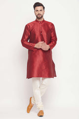 Buy Men's Maroon Silk Blend Ethnic Motif Woven Design Short Kurta Online - Zoom In