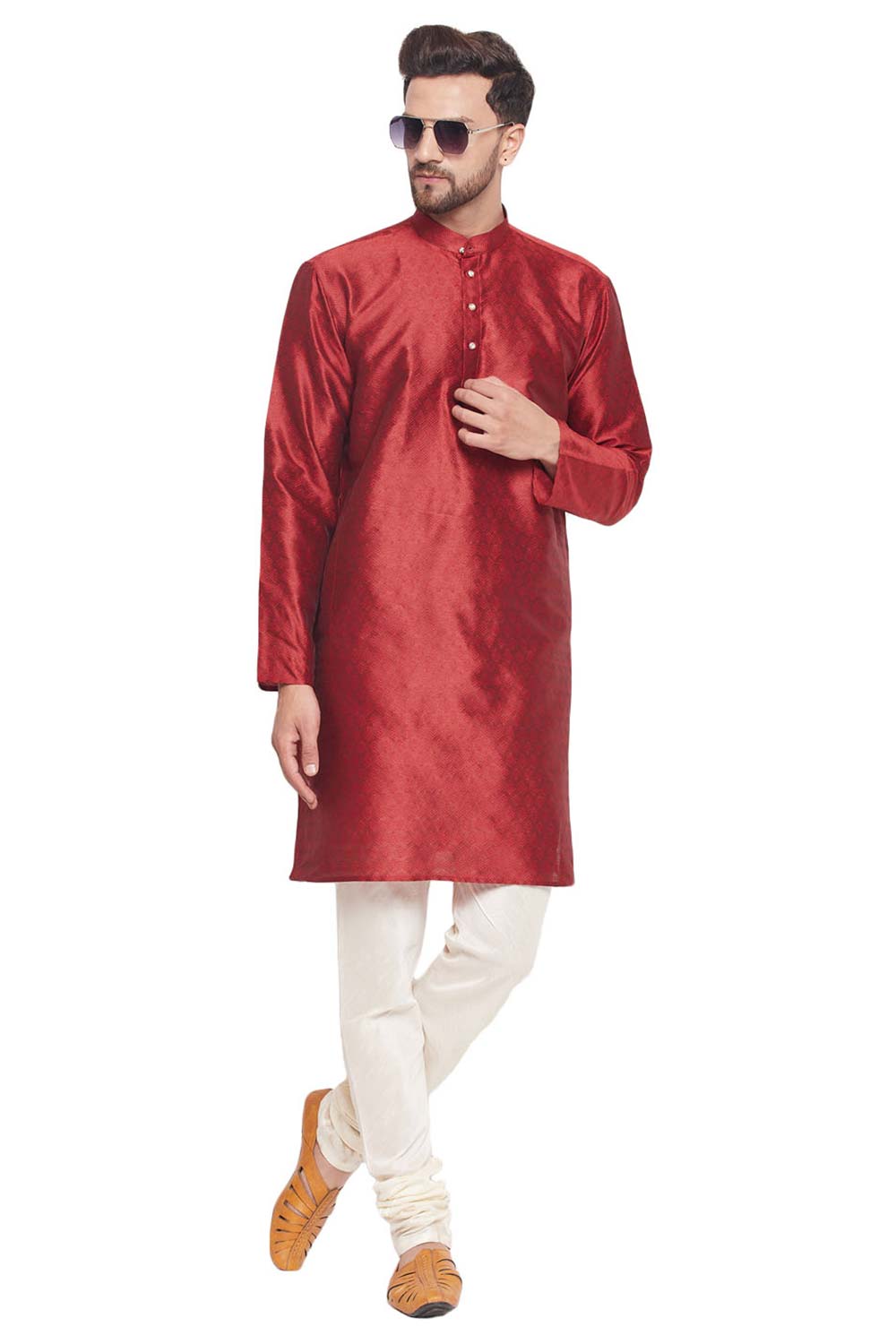 Buy Men's Maroon And Cream Silk Blend Ethnic Motif Woven Design Kurta Pajama Jacket Set Online - Zoom Out