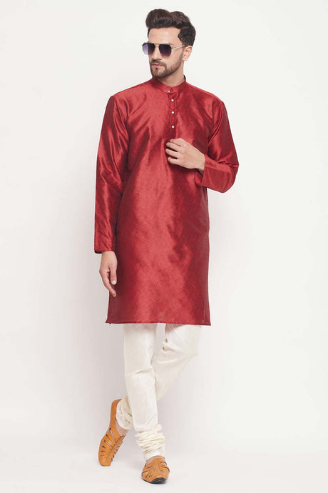 Buy Men's Maroon And Cream Silk Blend Ethnic Motif Woven Design Kurta Pajama Jacket Set Online
