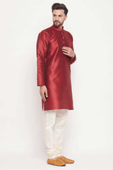 Buy Men's Maroon And Cream Silk Blend Ethnic Motif Woven Design Kurta Pajama Jacket Set Online - Back