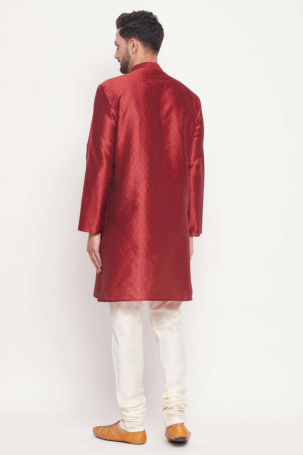 Buy Men's Maroon And Cream Silk Blend Ethnic Motif Woven Design Kurta Pajama Jacket Set Online - Front