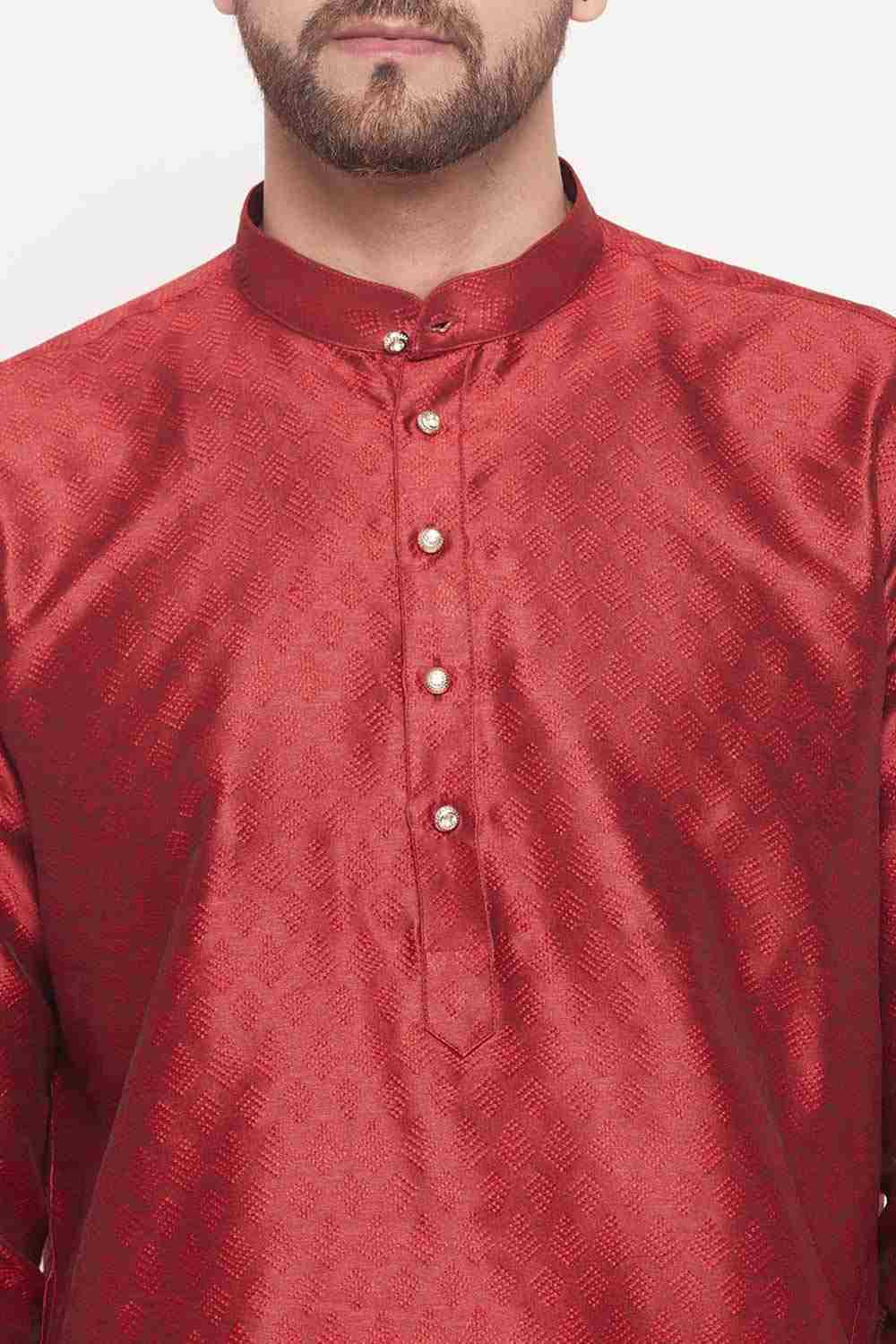 Buy Men's Maroon And Cream Silk Blend Ethnic Motif Woven Design Kurta Pajama Jacket Set Online - Side