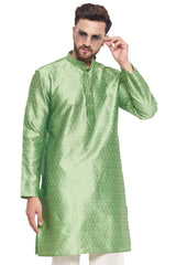 Buy Men's Mint Green Silk Blend Ethnic Motif Woven Design Short Kurta Online - Zoom Out