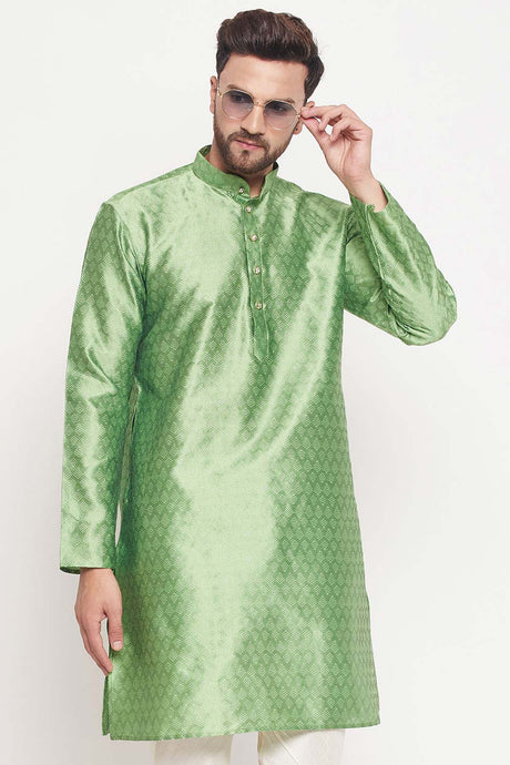 Buy Men's Mint Green Silk Blend Ethnic Motif Woven Design Short Kurta Online