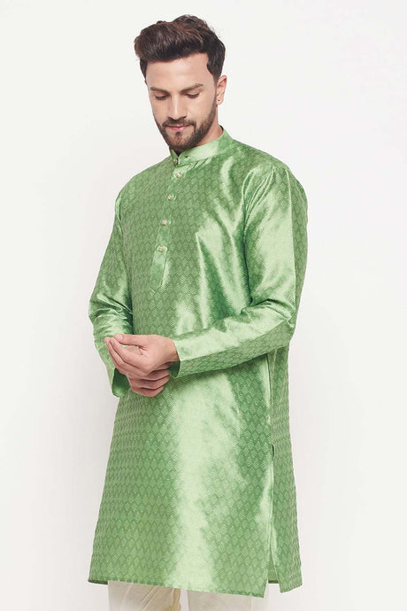 Buy Men's Mint Green Silk Blend Ethnic Motif Woven Design Short Kurta Online - Back