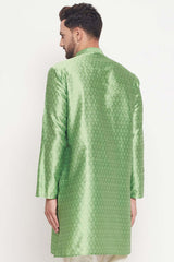 Buy Men's Mint Green Silk Blend Ethnic Motif Woven Design Short Kurta Online - Front