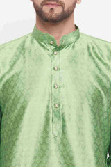 Buy Men's Mint Green Silk Blend Ethnic Motif Woven Design Short Kurta Online - Side