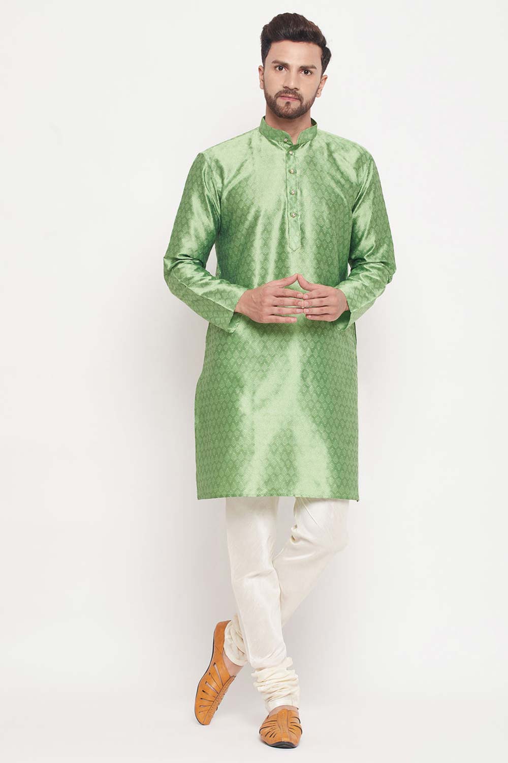 Buy Men's Mint Green Silk Blend Ethnic Motif Woven Design Short Kurta Online - Zoom In