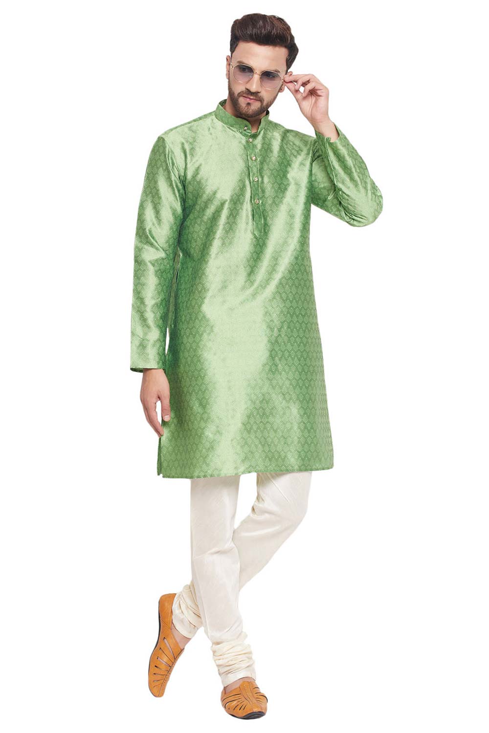 Buy Men's Mint Green And Cream Silk Blend Ethnic Motif Woven Design Kurta Pajama Jacket Set Online - Zoom Out