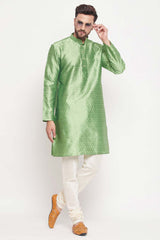 Buy Men's Mint Green And Cream Silk Blend Ethnic Motif Woven Design Kurta Pajama Jacket Set Online