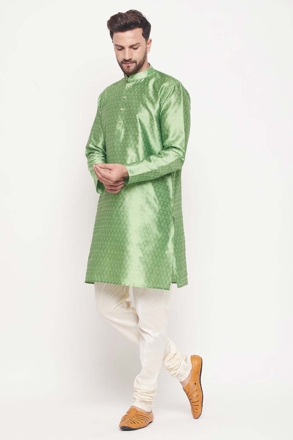 Buy Men's Mint Green And Cream Silk Blend Ethnic Motif Woven Design Kurta Pajama Jacket Set Online - Back