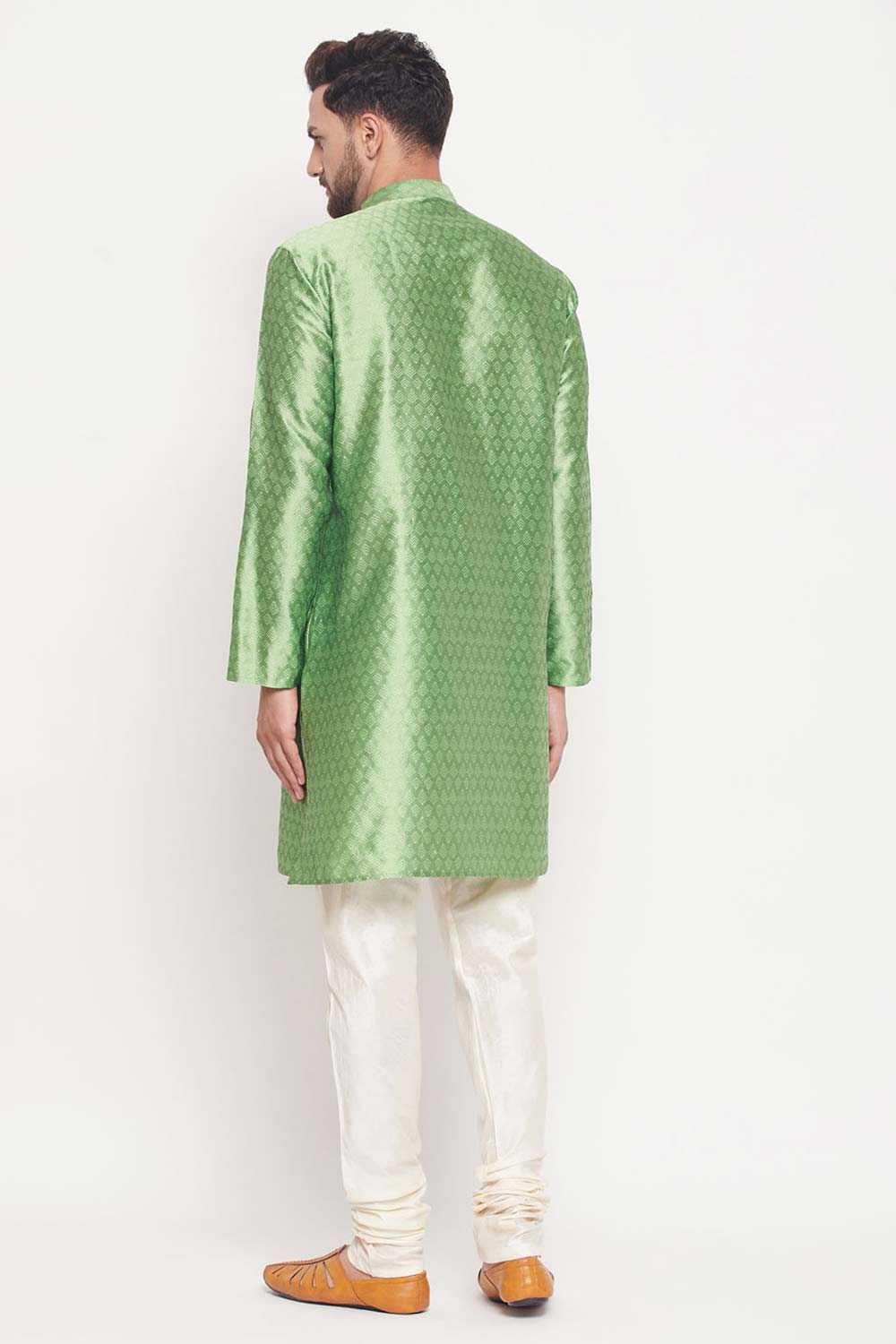 Buy Men's Mint Green And Cream Silk Blend Ethnic Motif Woven Design Kurta Pajama Jacket Set Online - Front
