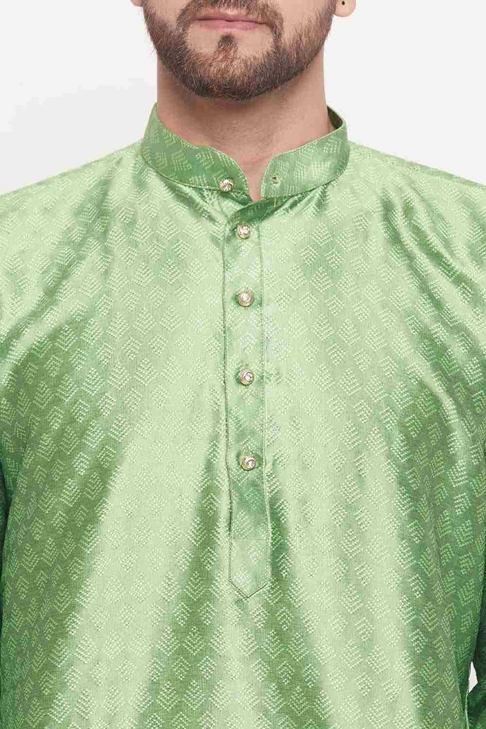 Buy Men's Mint Green And Cream Silk Blend Ethnic Motif Woven Design Kurta Pajama Jacket Set Online - Side