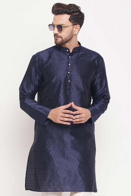 Buy Men's Navy Blue Silk Blend Ethnic Motif Woven Design Short Kurta Online