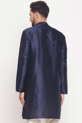 Buy Men's Navy Blue Silk Blend Ethnic Motif Woven Design Short Kurta Online - Front