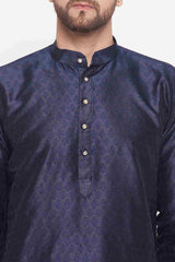 Buy Men's Navy Blue Silk Blend Ethnic Motif Woven Design Short Kurta Online - Side