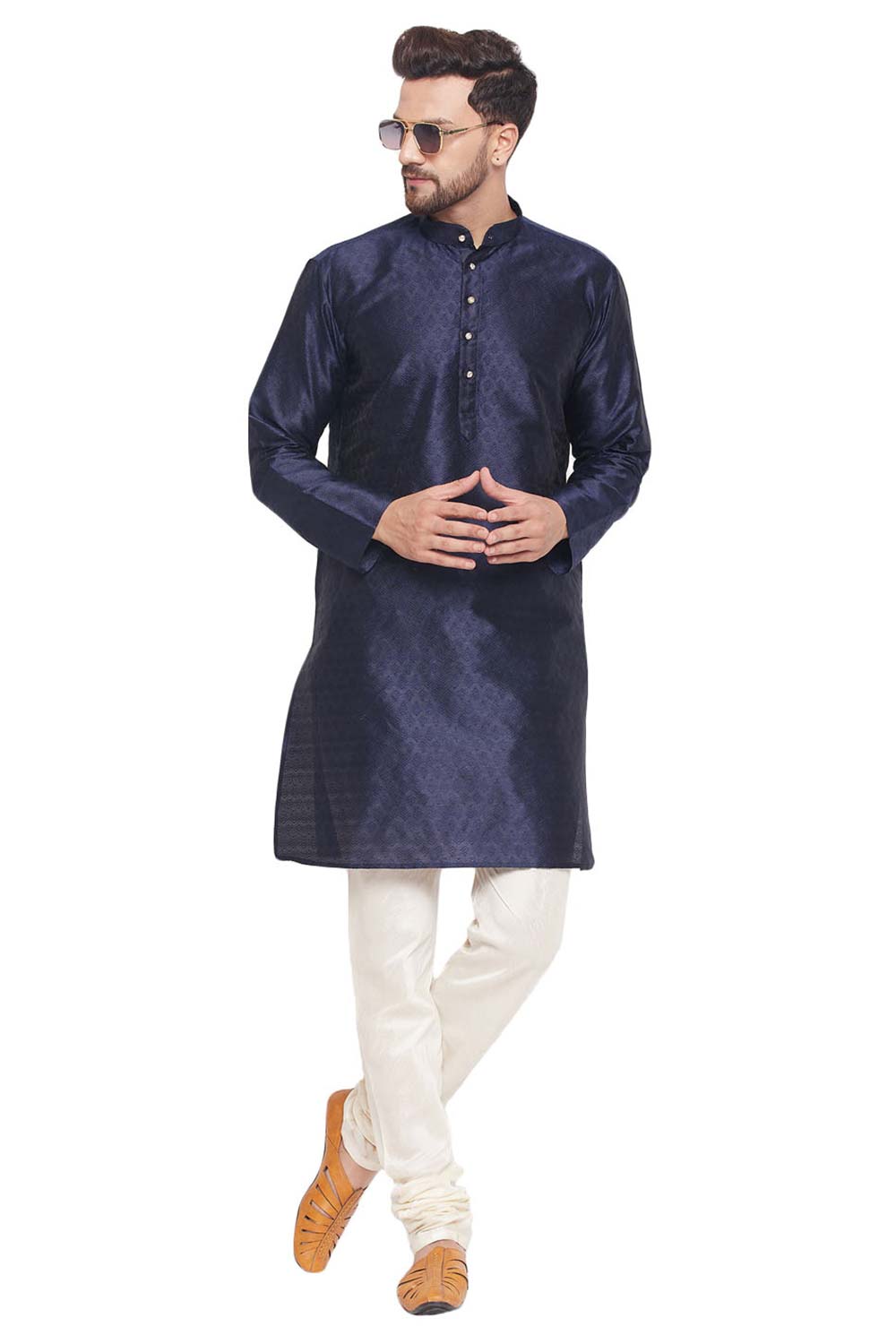 Buy Men's Navy Blue And Cream Silk Blend Ethnic Motif Woven Design Kurta Pajama Jacket Set Online - Zoom Out