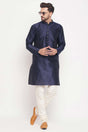 Buy Men's Navy Blue And Cream Silk Blend Ethnic Motif Woven Design Kurta Pajama Jacket Set Online