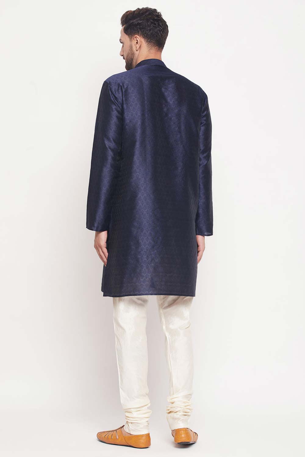 Buy Men's Navy Blue And Cream Silk Blend Ethnic Motif Woven Design Kurta Pajama Jacket Set Online - Front