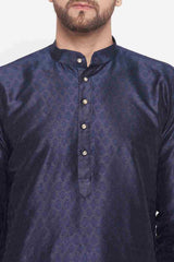 Buy Men's Navy Blue And Cream Silk Blend Ethnic Motif Woven Design Kurta Pajama Jacket Set Online - Side