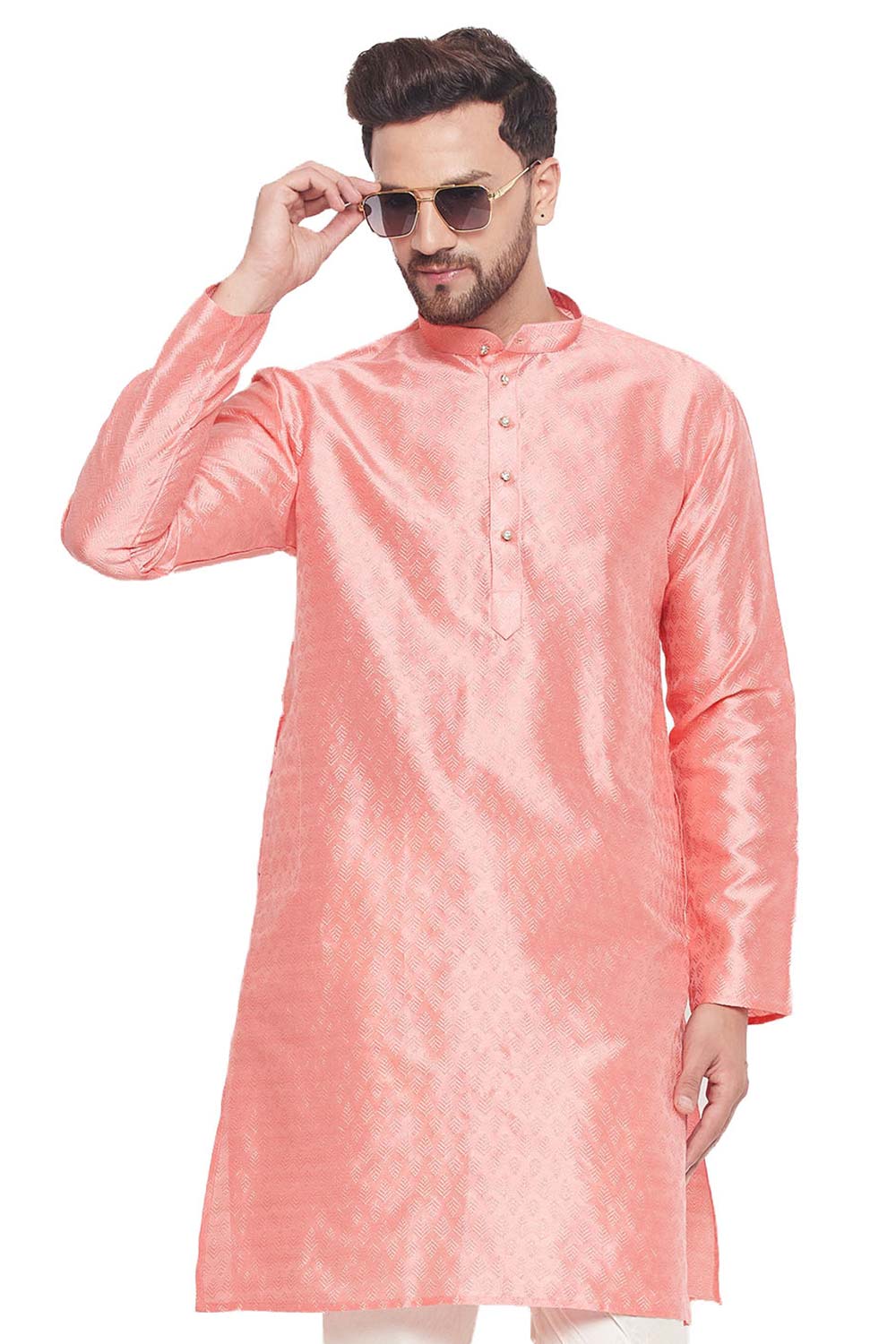 Buy Men's Pink Silk Blend Ethnic Motif Woven Design Short Kurta Online - Zoom Out