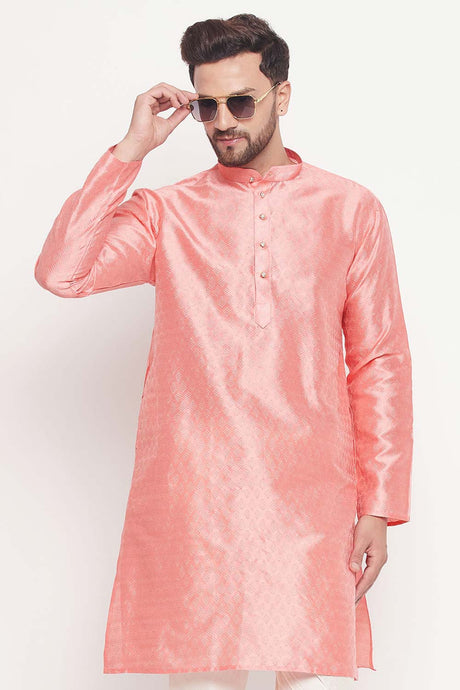 Buy Men's Pink Silk Blend Ethnic Motif Woven Design Short Kurta Online