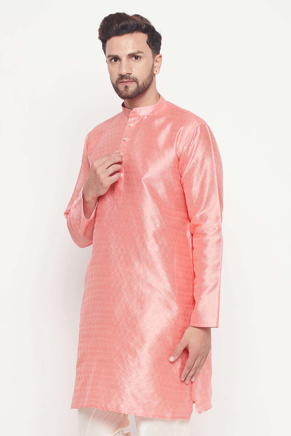 Buy Men's Pink Silk Blend Ethnic Motif Woven Design Short Kurta Online - Back