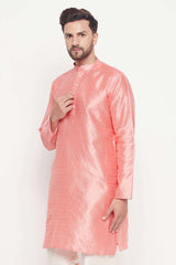 Buy Men's Pink Silk Blend Ethnic Motif Woven Design Short Kurta Online - Back