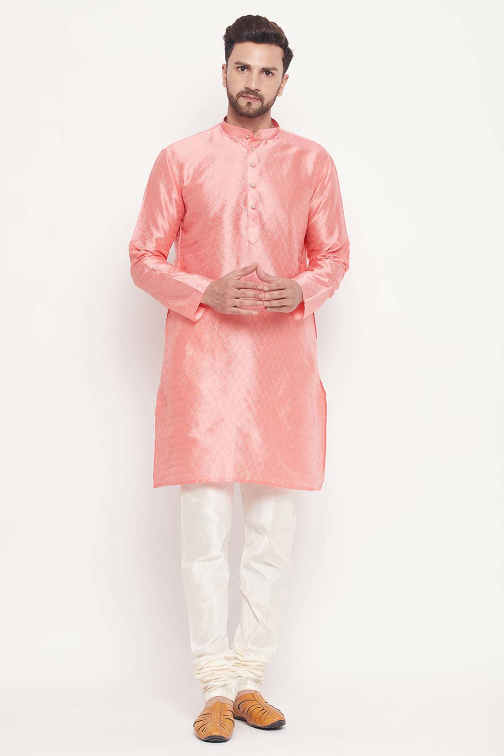 Buy Men's Pink Silk Blend Ethnic Motif Woven Design Short Kurta Online - Zoom In