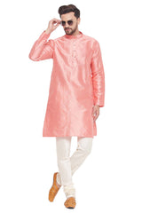 Buy Men's Pink And Cream Silk Blend Ethnic Motif Woven Design Kurta Pajama Jacket Set Online - Zoom Out