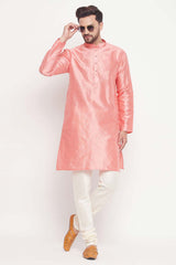 Buy Men's Pink And Cream Silk Blend Ethnic Motif Woven Design Kurta Pajama Jacket Set Online