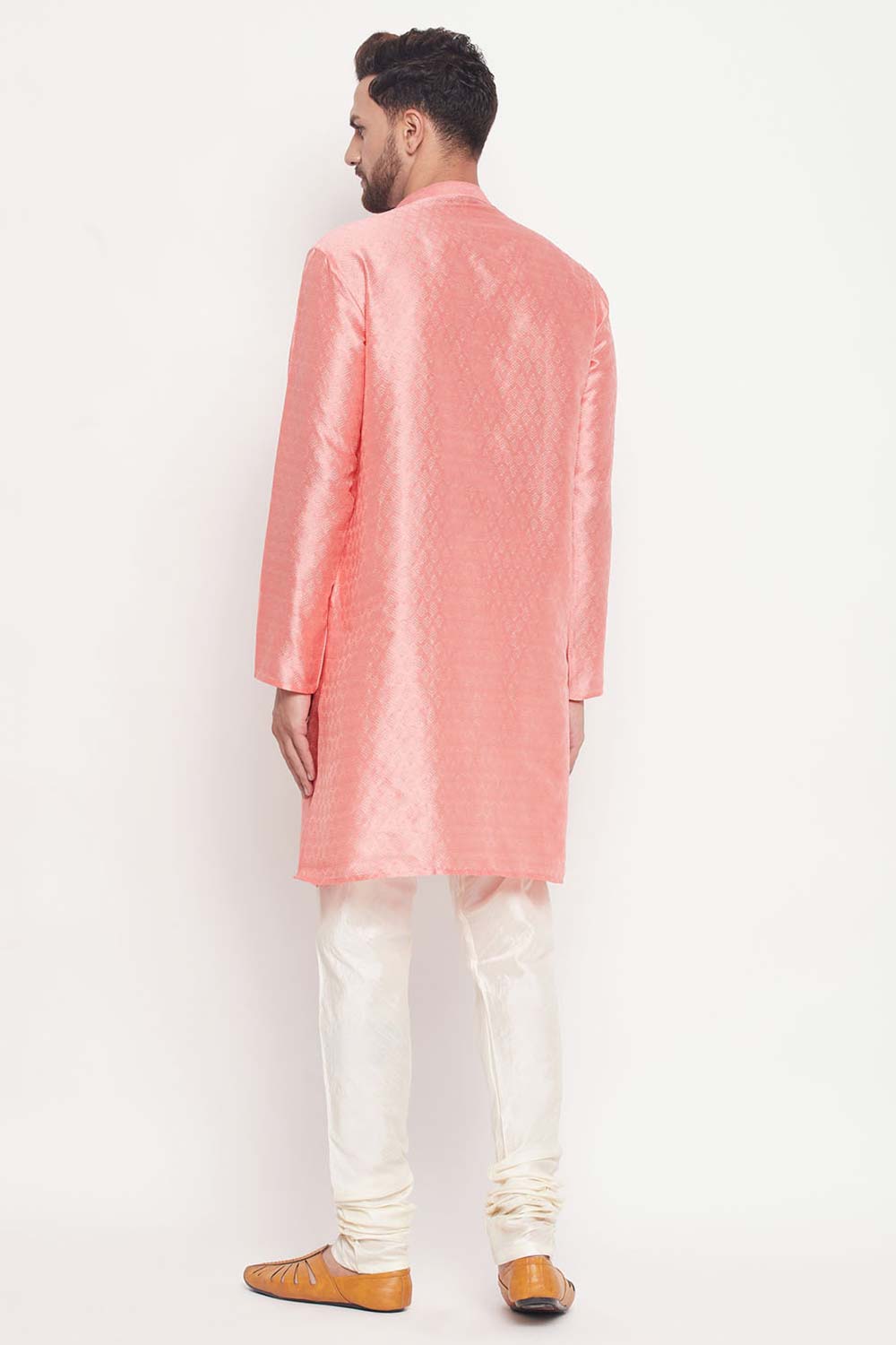 Buy Men's Pink And Cream Silk Blend Ethnic Motif Woven Design Kurta Pajama Jacket Set Online - Front