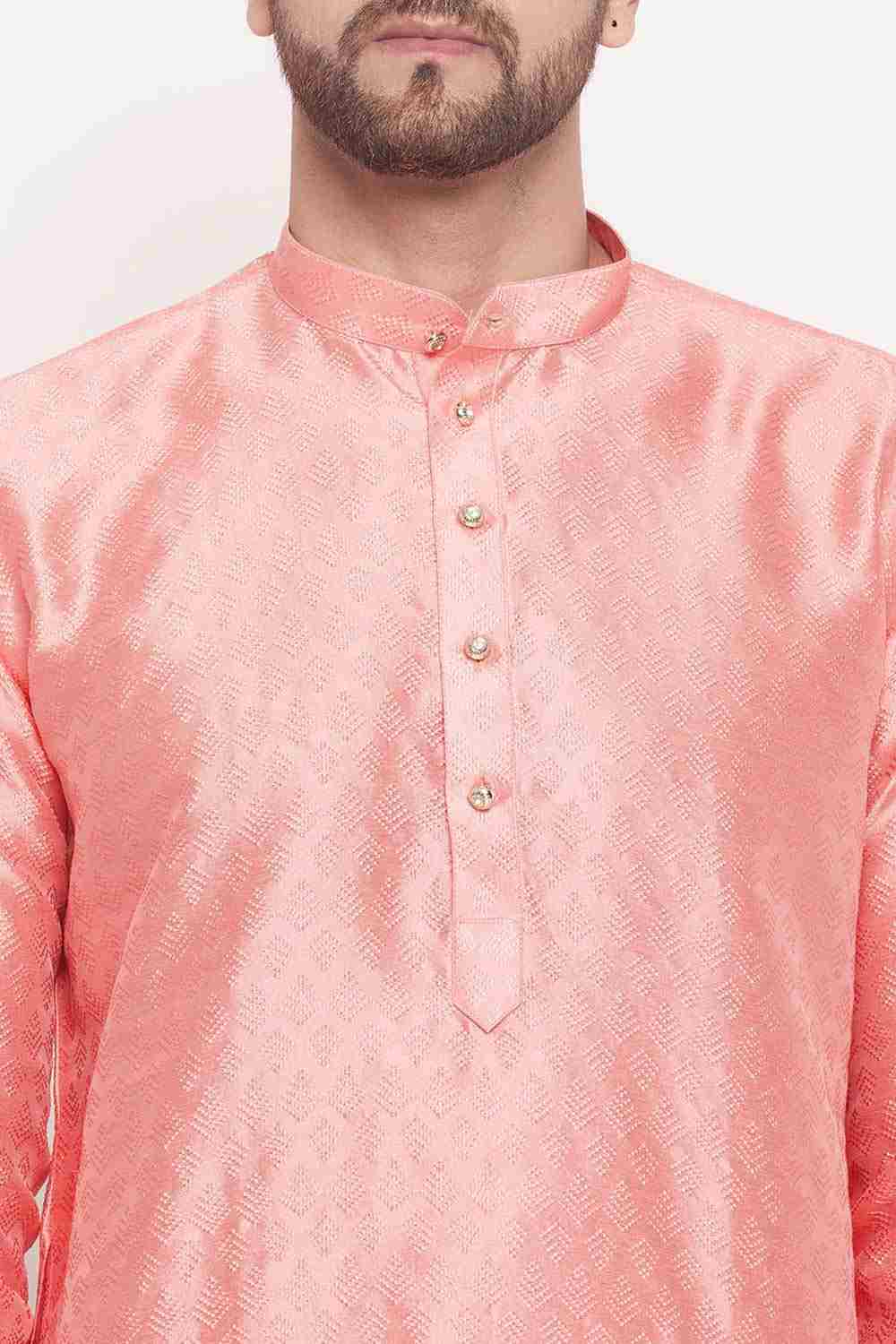 Buy Men's Pink And Cream Silk Blend Ethnic Motif Woven Design Kurta Pajama Jacket Set Online - Side