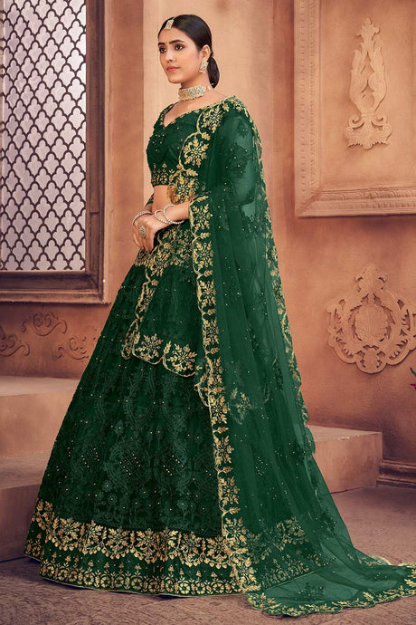 Green Net Embroidered Lehenga Choli