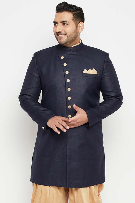 Buy Men's Silk Blend Solid Sherwani Top in Navy Blue - Front