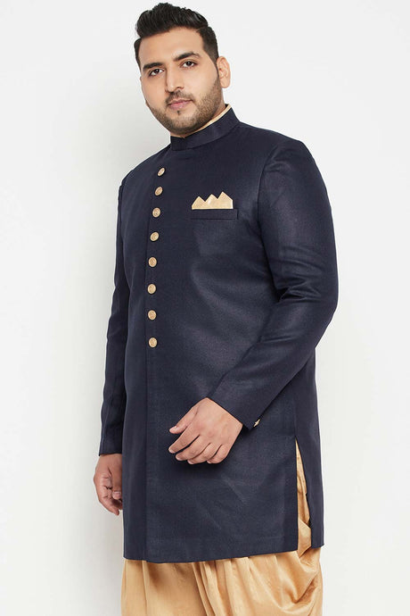 Buy Men's Silk Blend Solid Sherwani Top in Navy Blue - Side