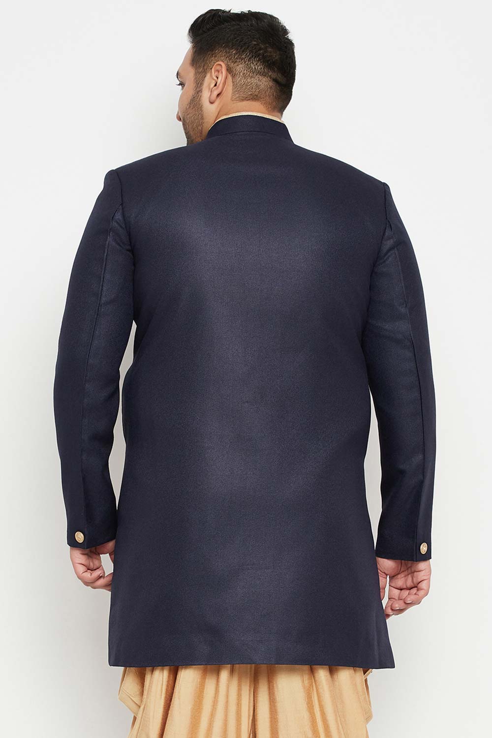 Buy Men's Silk Blend Solid Sherwani Top in Navy Blue - Back