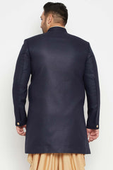 Buy Men's Silk Blend Solid Sherwani Top in Navy Blue - Back