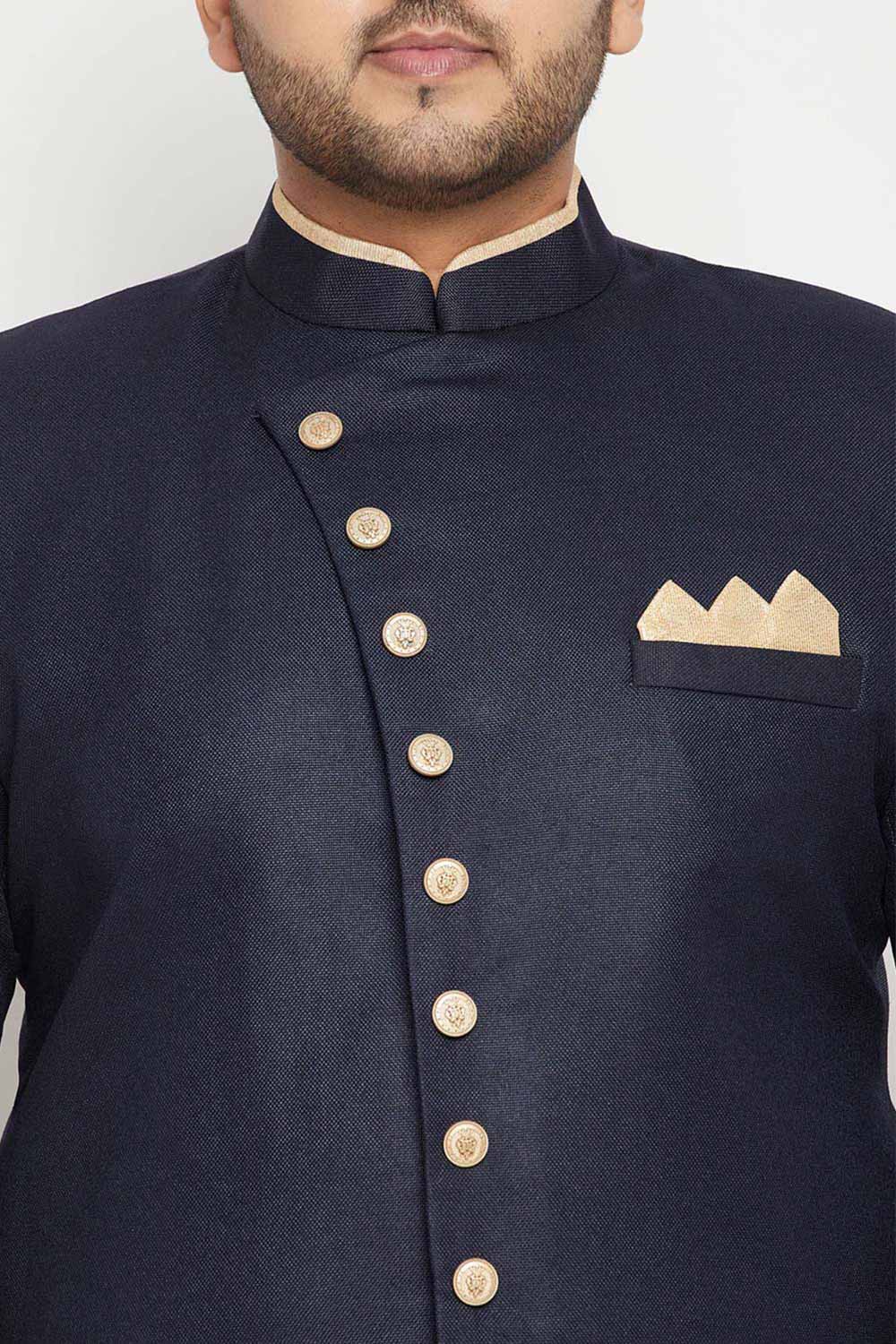 Buy Men's Silk Blend Solid Sherwani Top in Navy Blue - Zoom in