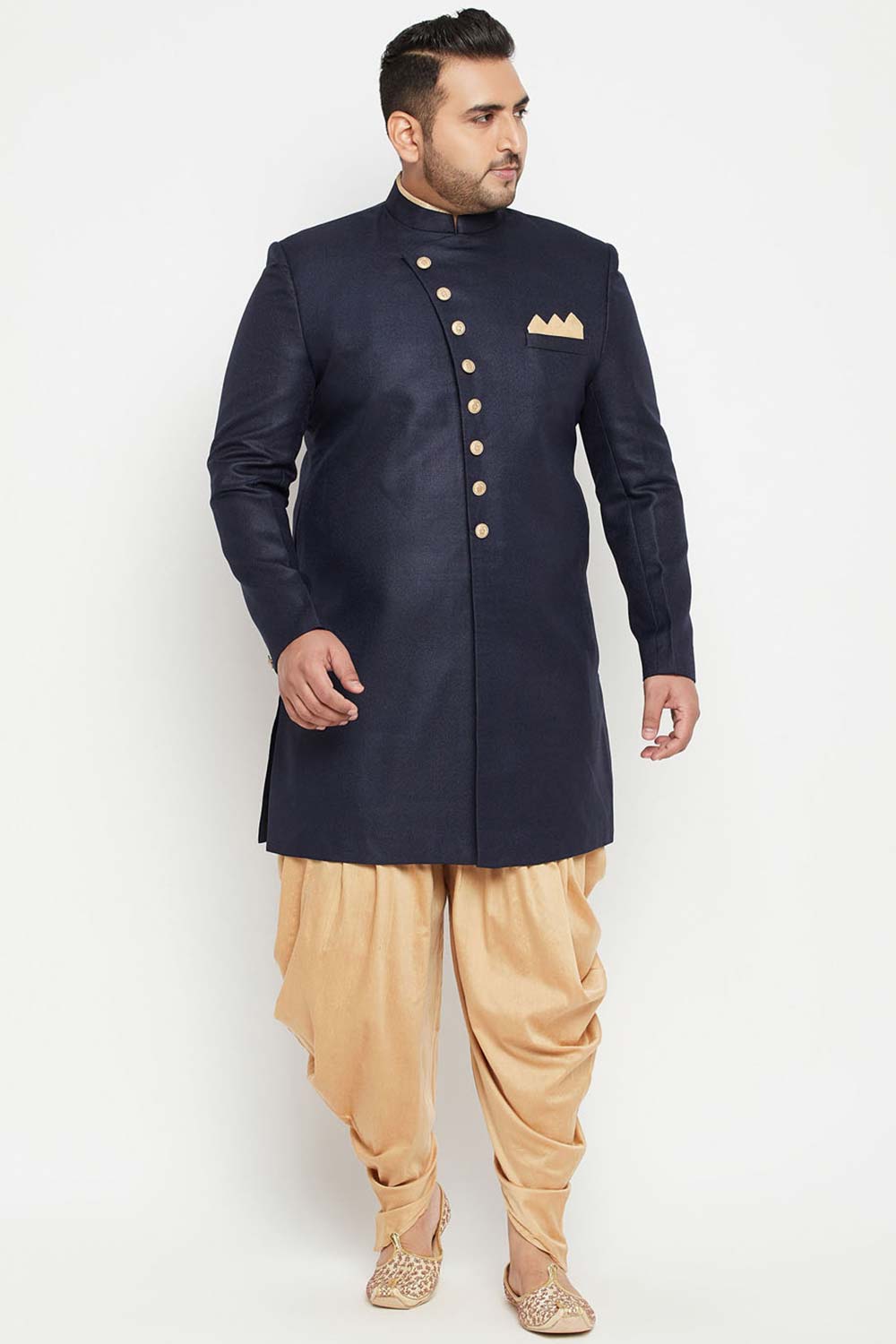 Buy Men's Silk Blend Solid Sherwani Top in Navy Blue - Zoom Out