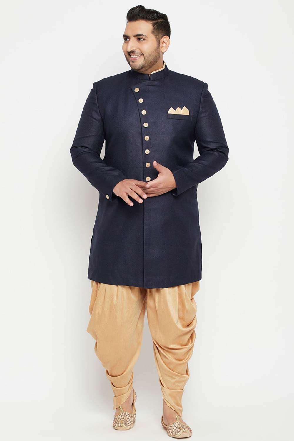 Buy Men's Silk Blend Solid Sherwani Set in Navy Blue - Front